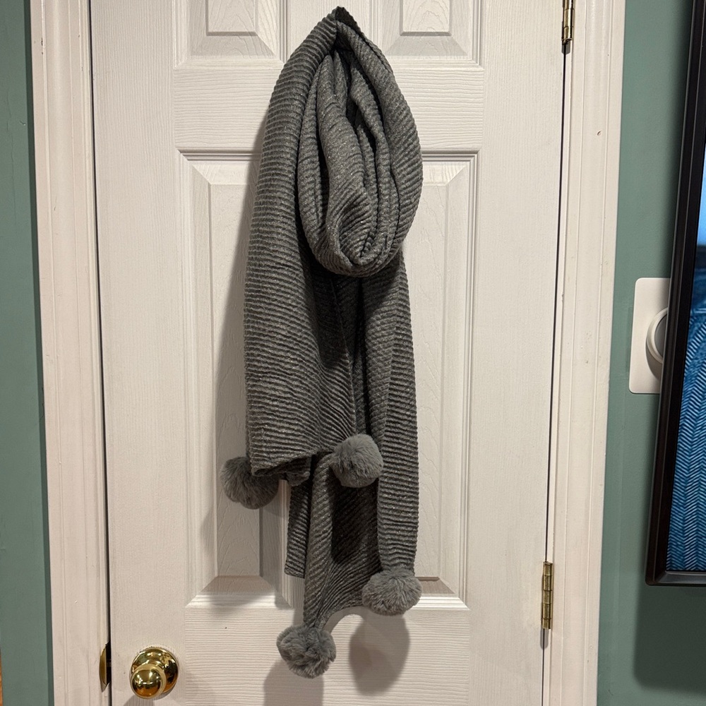Gray Knit Scarf with Pom Poms